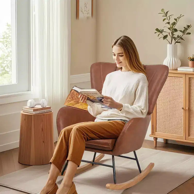 Fauteuil à bascule/fauteuil de relaxation en tissu rembourré en similicuir/tissu peluche, avec appuie-tête épais et assise rembourrée, coloris blanc/marron/rose.