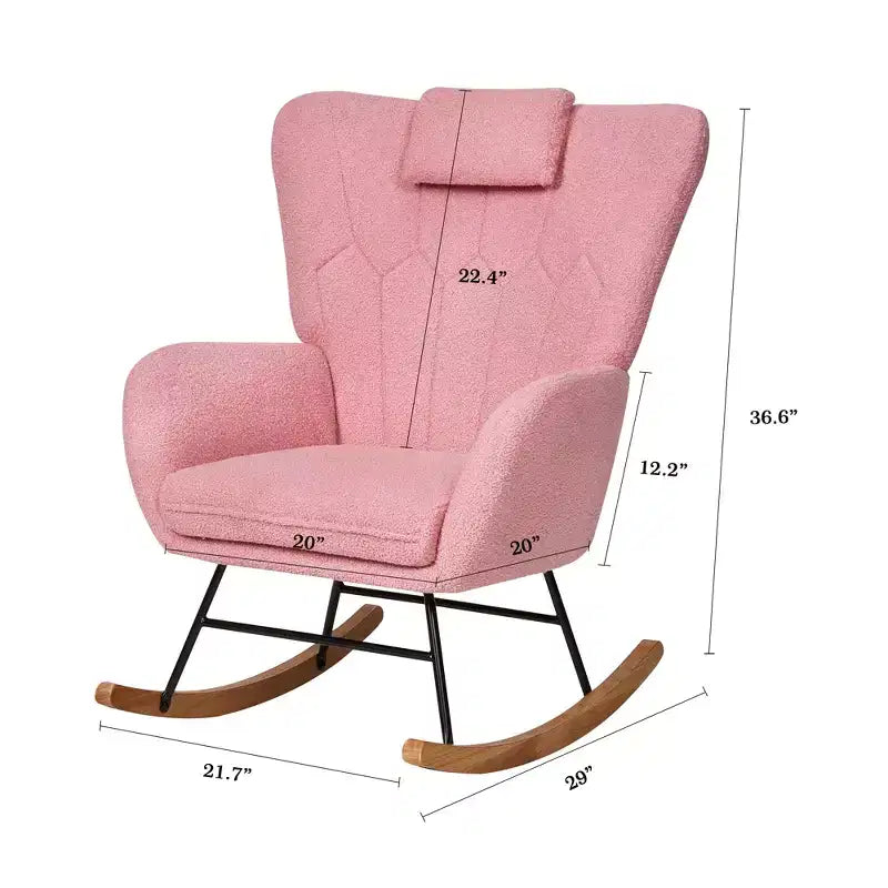 Fauteuil à bascule/fauteuil de relaxation en tissu rembourré en similicuir/tissu peluche, avec appuie-tête épais et assise rembourrée, coloris blanc/marron/rose.