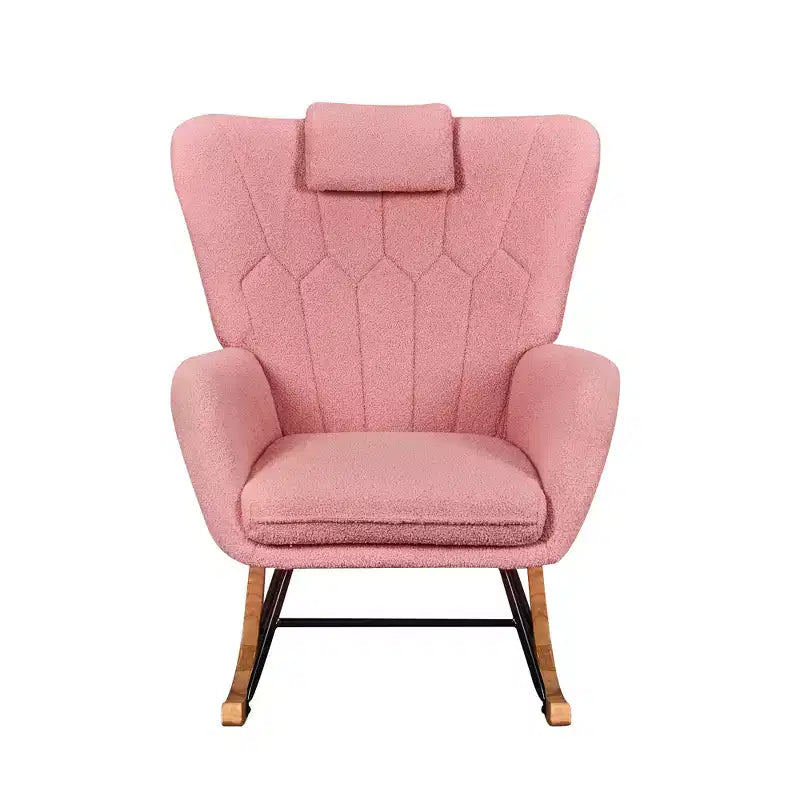 Fauteuil à bascule/fauteuil de relaxation en tissu rembourré en similicuir/tissu peluche, avec appuie-tête épais et assise rembourrée, coloris blanc/marron/rose.