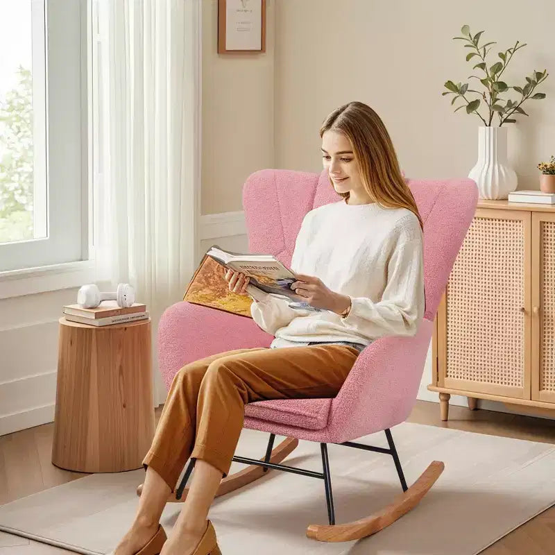 Fauteuil à bascule/fauteuil de relaxation en tissu rembourré en similicuir/tissu peluche, avec appuie-tête épais et assise rembourrée, coloris blanc/marron/rose.
