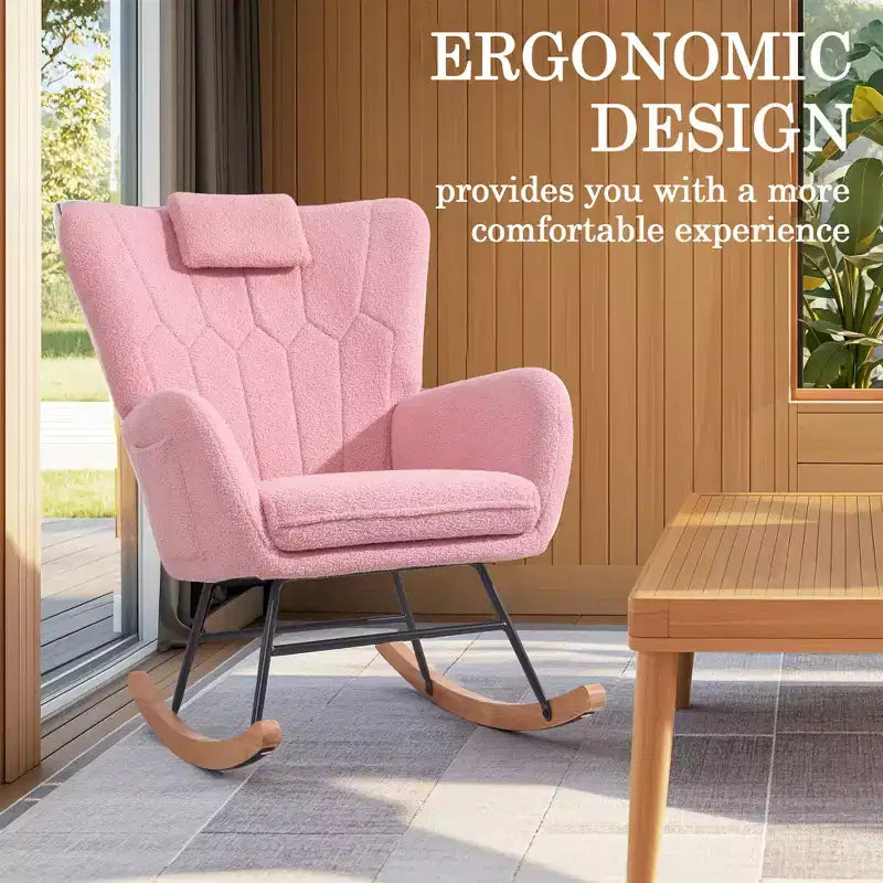 Fauteuil à bascule/fauteuil de relaxation en tissu rembourré en similicuir/tissu peluche, avec appuie-tête épais et assise rembourrée, coloris blanc/marron/rose.