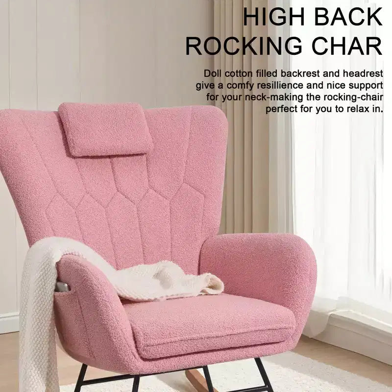 Fauteuil à bascule/fauteuil de relaxation en tissu rembourré en similicuir/tissu peluche, avec appuie-tête épais et assise rembourrée, coloris blanc/marron/rose.