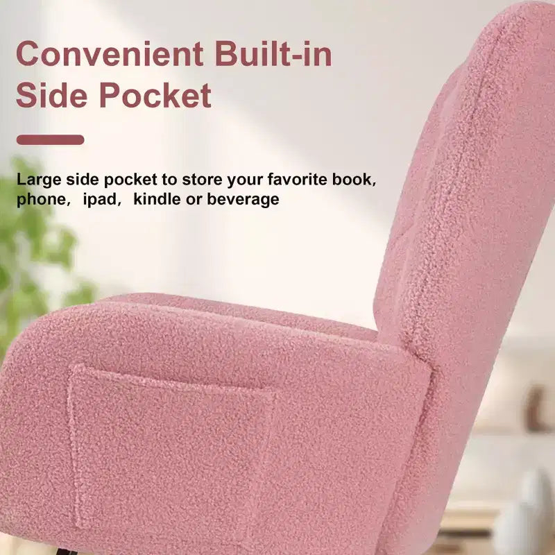 Fauteuil à bascule/fauteuil de relaxation en tissu rembourré en similicuir/tissu peluche, avec appuie-tête épais et assise rembourrée, coloris blanc/marron/rose.