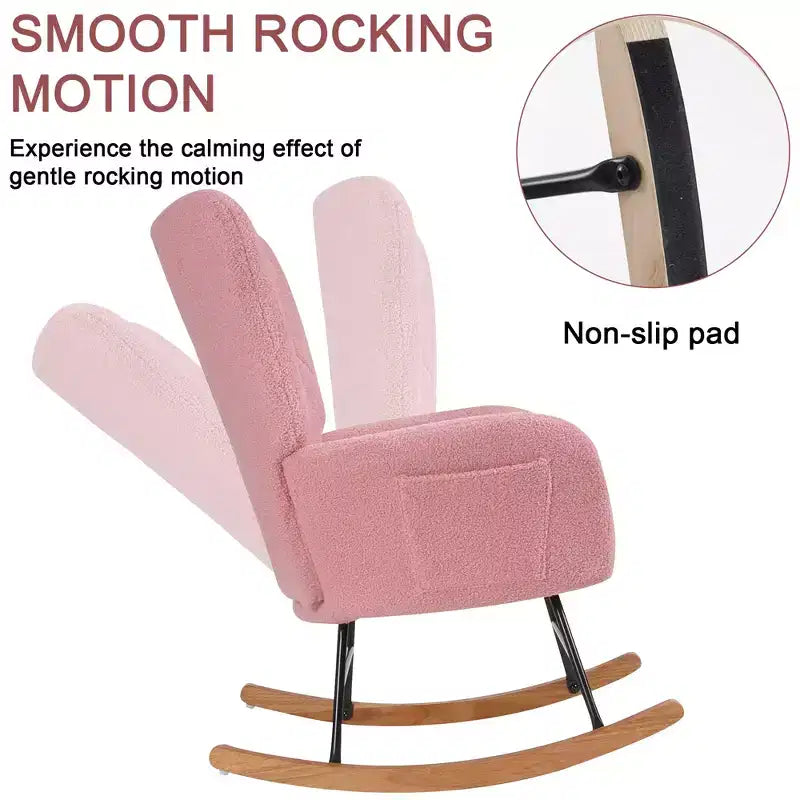 Fauteuil à bascule/fauteuil de relaxation en tissu rembourré en similicuir/tissu peluche, avec appuie-tête épais et assise rembourrée, coloris blanc/marron/rose.
