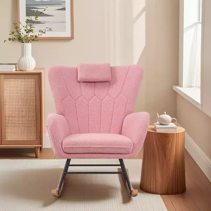 Fauteuil à bascule/fauteuil de relaxation en tissu rembourré en similicuir/tissu peluche, avec appuie-tête épais et assise rembourrée, coloris blanc/marron/rose.