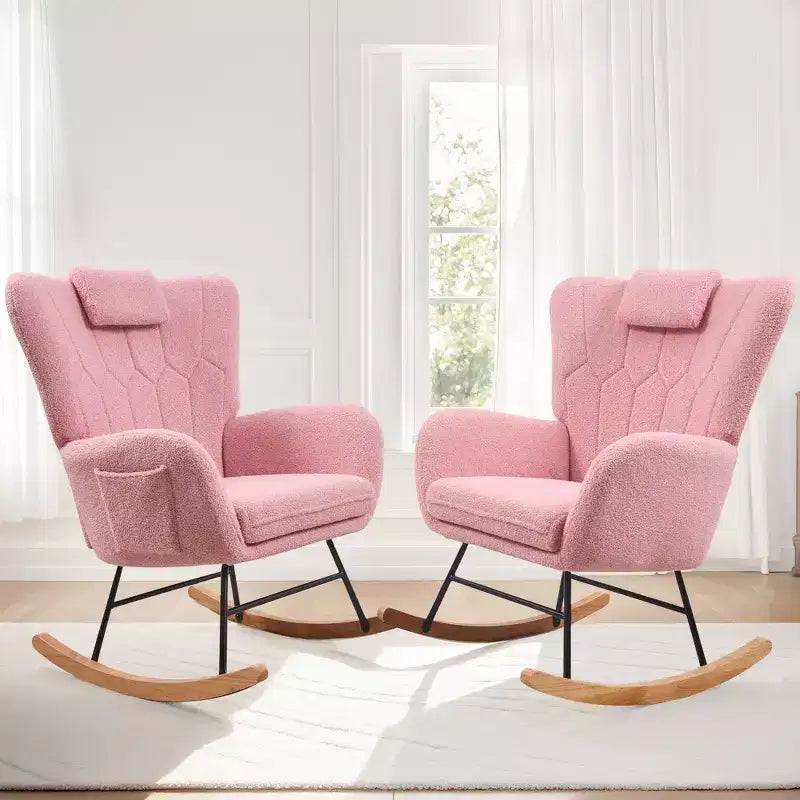 Fauteuil à bascule/fauteuil de relaxation en tissu rembourré en similicuir/tissu peluche, avec appuie-tête épais et assise rembourrée, coloris blanc/marron/rose.