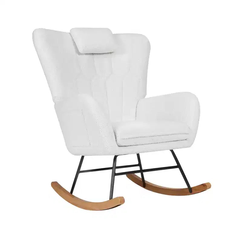 Fauteuil à bascule/fauteuil de relaxation en tissu rembourré en similicuir/tissu peluche, avec appuie-tête épais et assise rembourrée, coloris blanc/marron/rose.