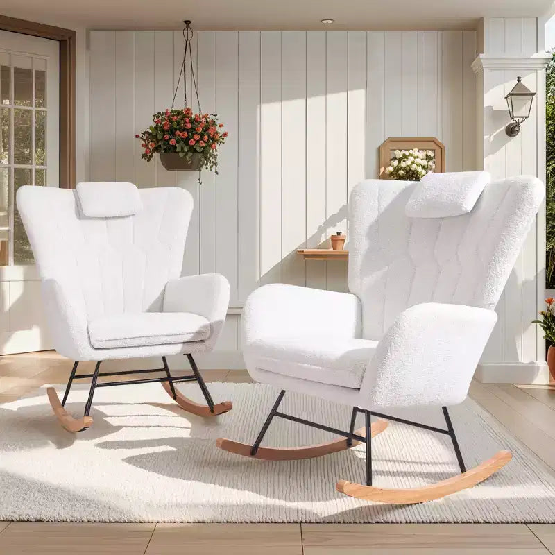 Fauteuil à bascule/fauteuil de relaxation en tissu rembourré en similicuir/tissu peluche, avec appuie-tête épais et assise rembourrée, coloris blanc/marron/rose.