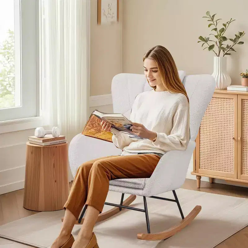 Fauteuil à bascule/fauteuil de relaxation en tissu rembourré en similicuir/tissu peluche, avec appuie-tête épais et assise rembourrée, coloris blanc/marron/rose.