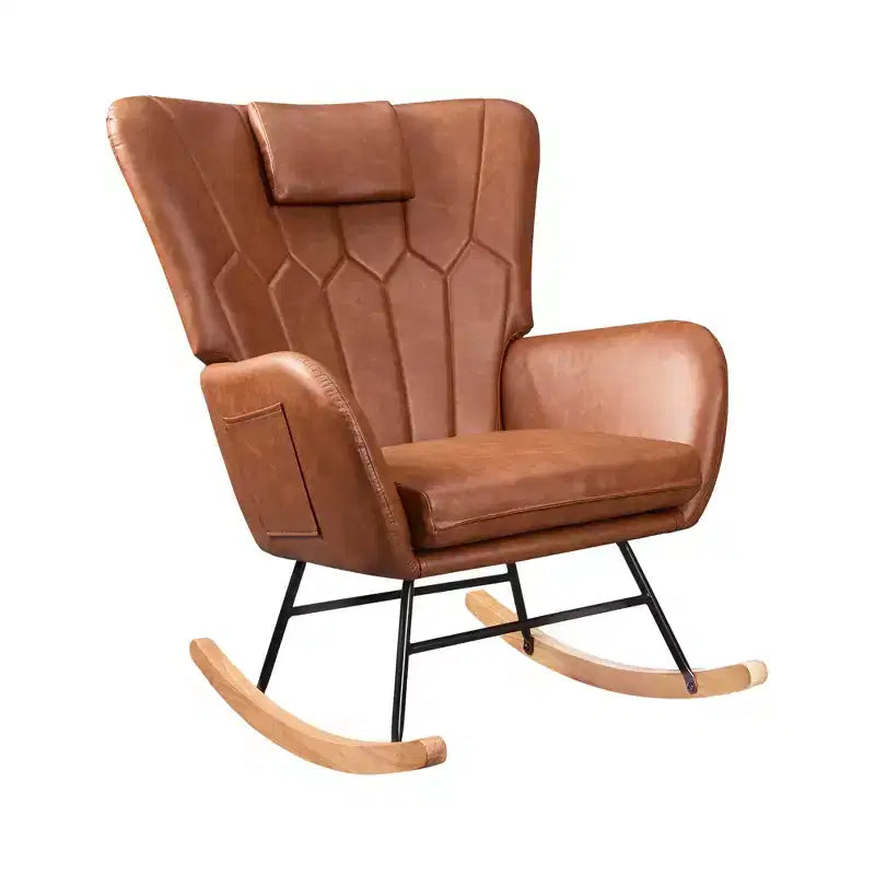 Fauteuil à bascule/fauteuil de relaxation en tissu rembourré en similicuir/tissu peluche, avec appuie-tête épais et assise rembourrée, coloris blanc/marron/rose.