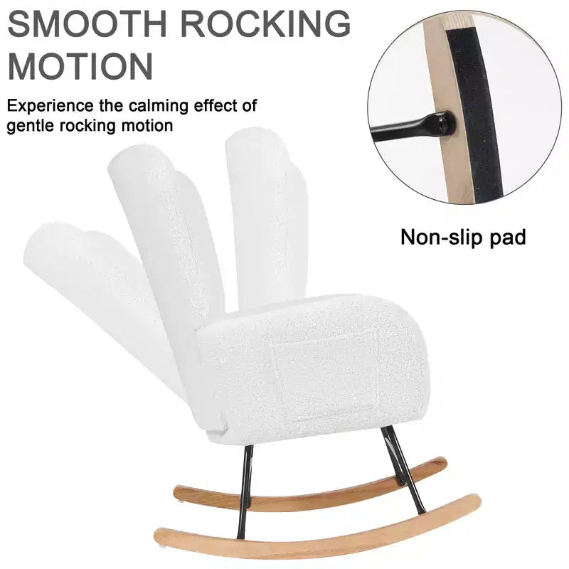 Fauteuil à bascule/fauteuil de relaxation en tissu rembourré en similicuir/tissu peluche, avec appuie-tête épais et assise rembourrée, coloris blanc/marron/rose.