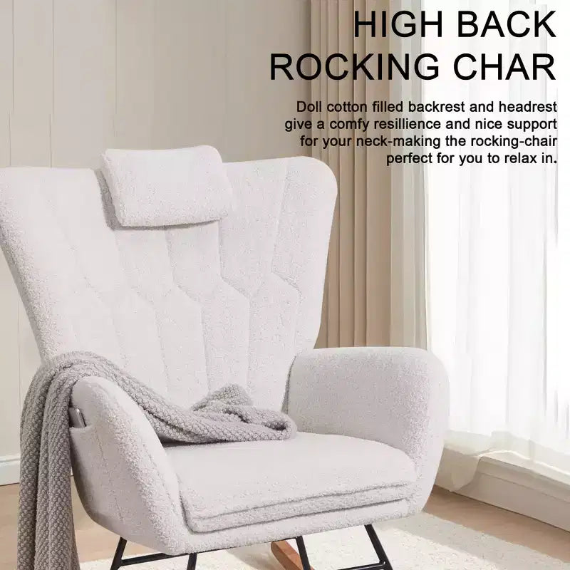 Fauteuil à bascule/fauteuil de relaxation en tissu rembourré en similicuir/tissu peluche, avec appuie-tête épais et assise rembourrée, coloris blanc/marron/rose.