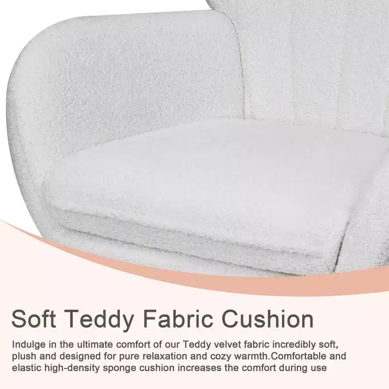 Fauteuil à bascule/fauteuil de relaxation en tissu rembourré en similicuir/tissu peluche, avec appuie-tête épais et assise rembourrée, coloris blanc/marron/rose.