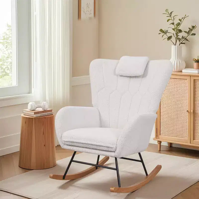 Fauteuil à bascule/fauteuil de relaxation en tissu rembourré en similicuir/tissu peluche, avec appuie-tête épais et assise rembourrée, coloris blanc/marron/rose.