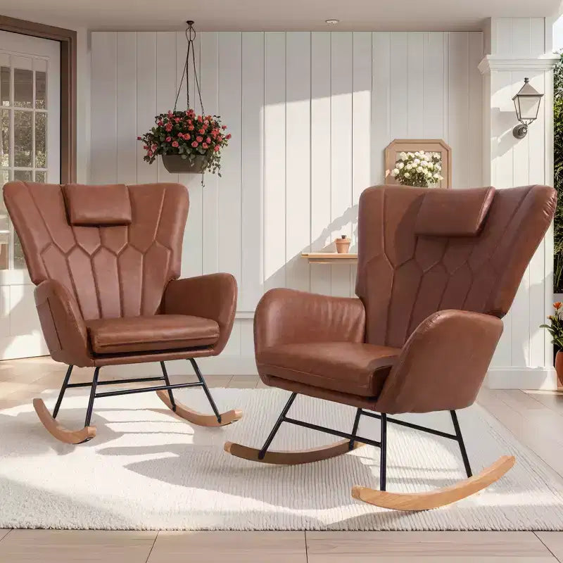 Fauteuil à bascule/fauteuil de relaxation en tissu rembourré en similicuir/tissu peluche, avec appuie-tête épais et assise rembourrée, coloris blanc/marron/rose.