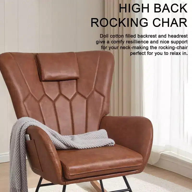 Fauteuil à bascule/fauteuil de relaxation en tissu rembourré en similicuir/tissu peluche, avec appuie-tête épais et assise rembourrée, coloris blanc/marron/rose.