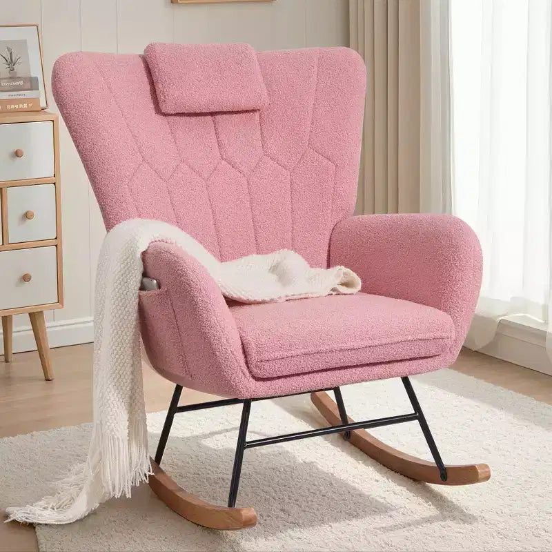 Fauteuil à bascule/fauteuil de relaxation en tissu rembourré en similicuir/tissu peluche, avec appuie-tête épais et assise rembourrée, coloris blanc/marron/rose.
