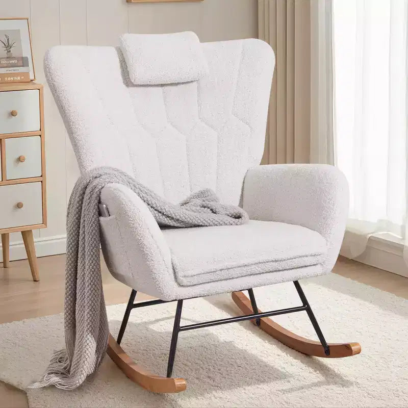 Fauteuil à bascule/fauteuil de relaxation en tissu rembourré en similicuir/tissu peluche, avec appuie-tête épais et assise rembourrée, coloris blanc/marron/rose.