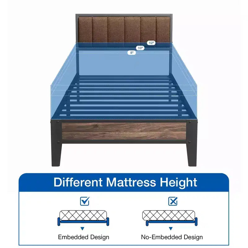 Cadre de lit plateforme Lusimo Twin XL en métal avec tête de lit en tissu rembourré, montage facile