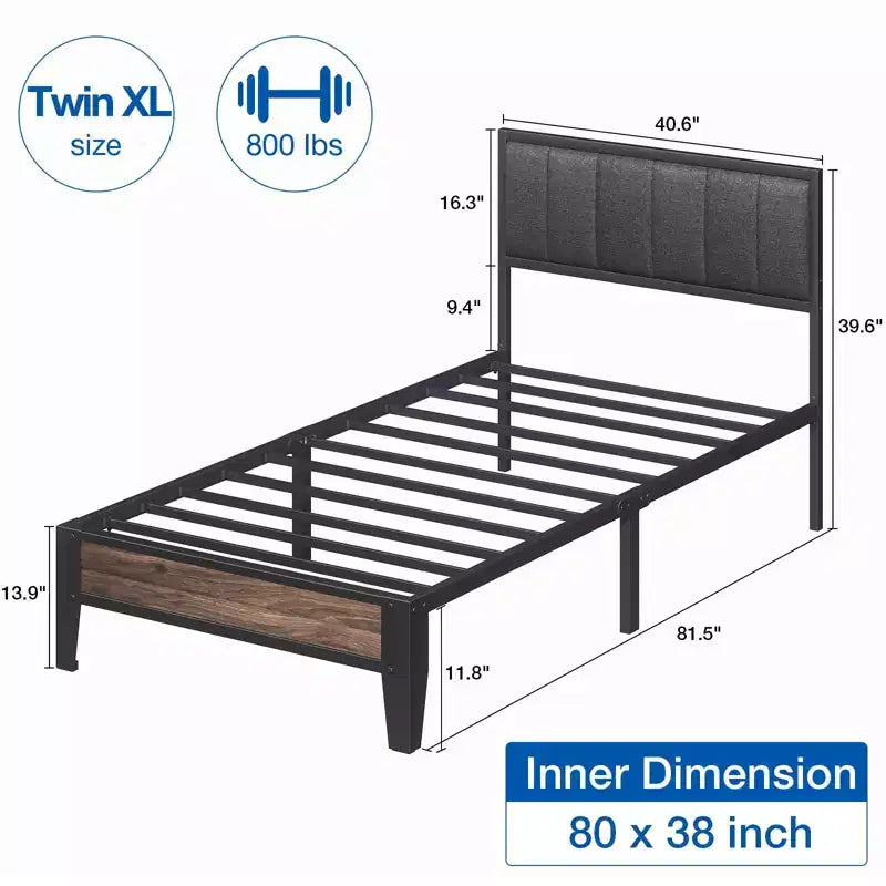 Cadre de lit plateforme Lusimo Twin XL en métal avec tête de lit en tissu rembourré, montage facile