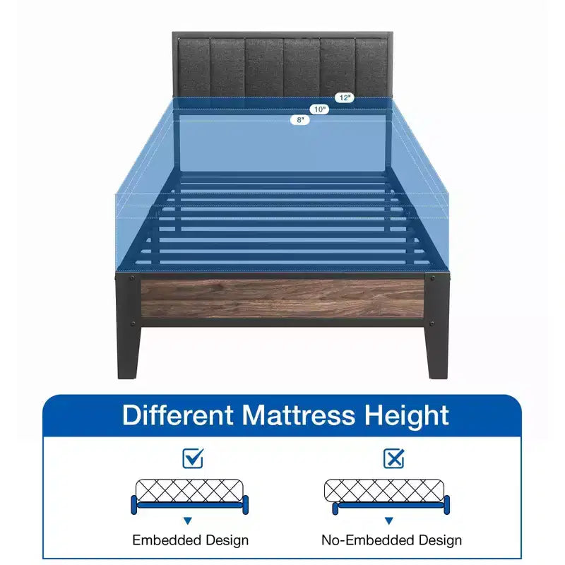 Cadre de lit plateforme Lusimo Twin XL en métal avec tête de lit en tissu rembourré, montage facile
