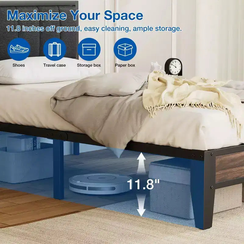 Cadre de lit plateforme Lusimo Twin XL en métal avec tête de lit en tissu rembourré, montage facile