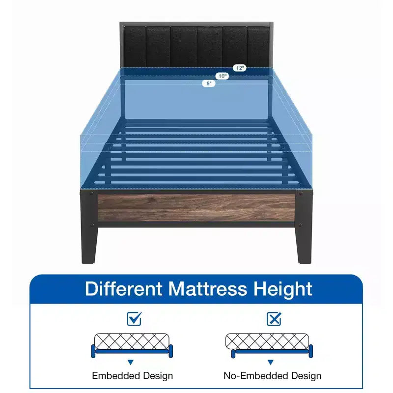 Cadre de lit plateforme Lusimo Twin XL en métal avec tête de lit en tissu rembourré, montage facile