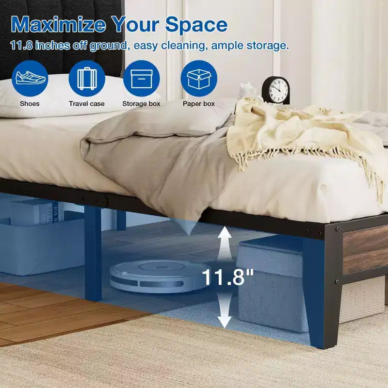 Cadre de lit plateforme Lusimo Twin XL en métal avec tête de lit en tissu rembourré, montage facile