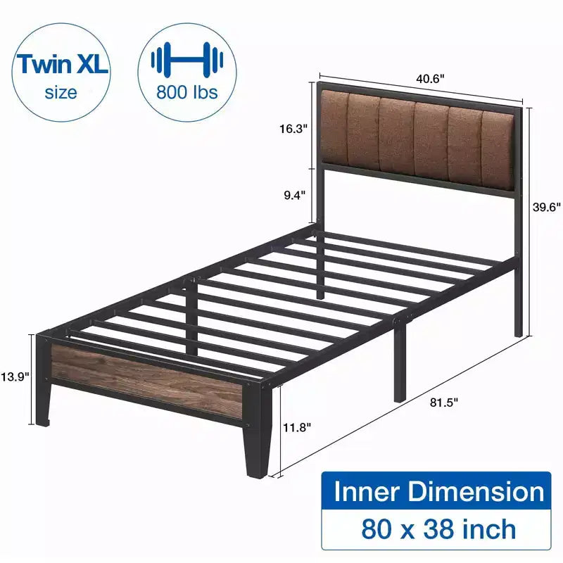 Cadre de lit plateforme Lusimo Twin XL en métal avec tête de lit en tissu rembourré, montage facile