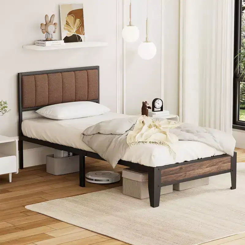 Cadre de lit plateforme Lusimo Twin XL en métal avec tête de lit en tissu rembourré, montage facile