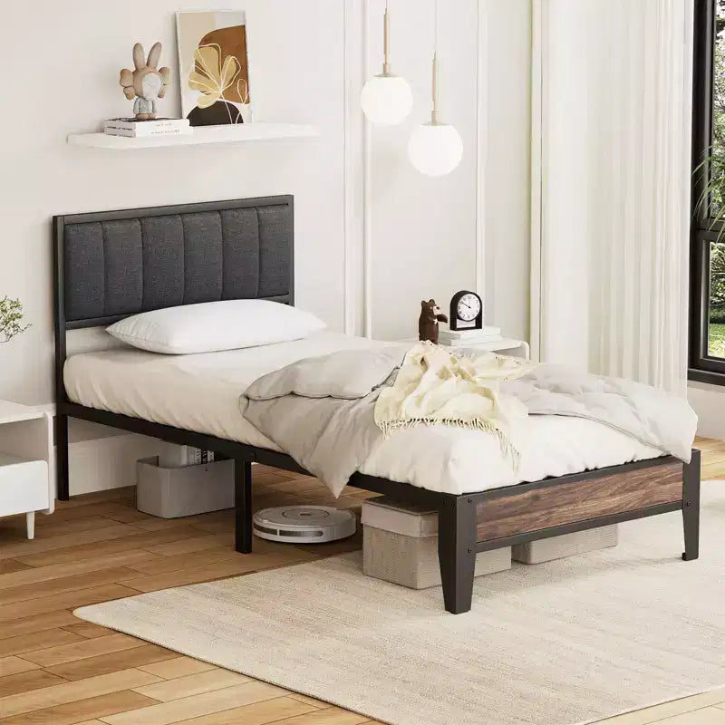Cadre de lit plateforme Lusimo Twin XL en métal avec tête de lit en tissu rembourré, montage facile