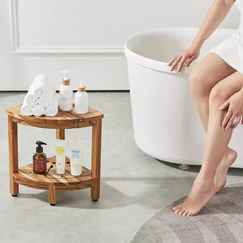 Banc de douche d'angle en teck de 17 po de hauteur, rayon de 12 po, banc de douche d'angle 100 % bois de teck de 136 kg avec étagère de rangement, tabouret de douche marron