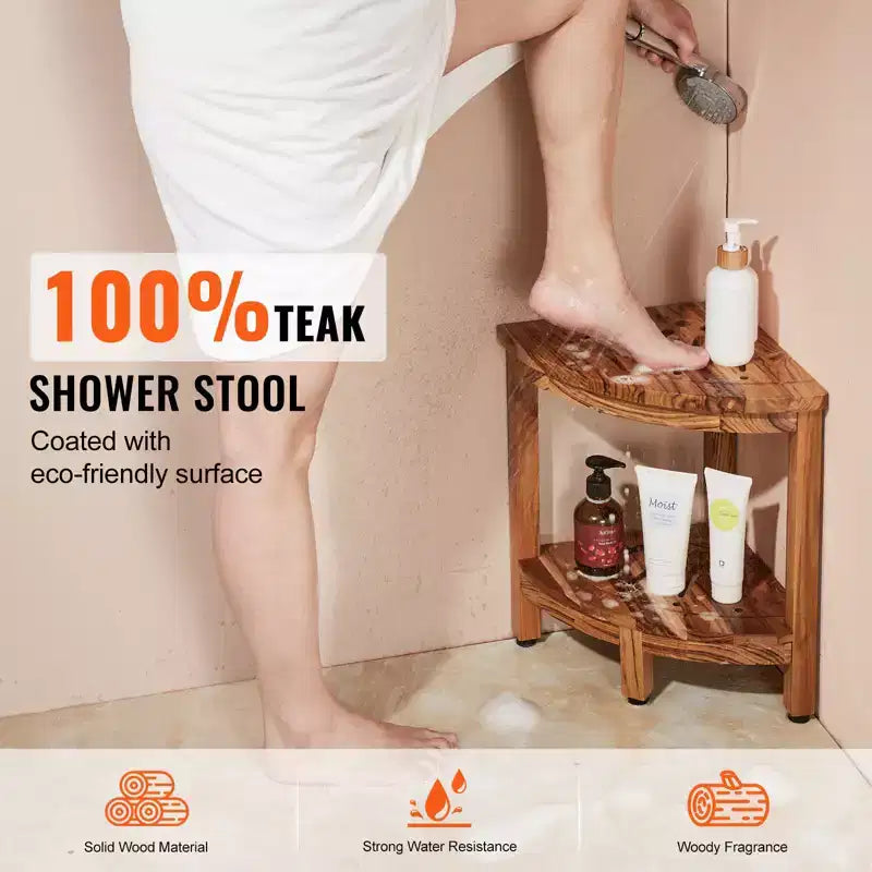 Banc de douche d'angle en teck de 17 po de hauteur, rayon de 12 po, banc de douche d'angle 100 % bois de teck de 136 kg avec étagère de rangement, tabouret de douche marron