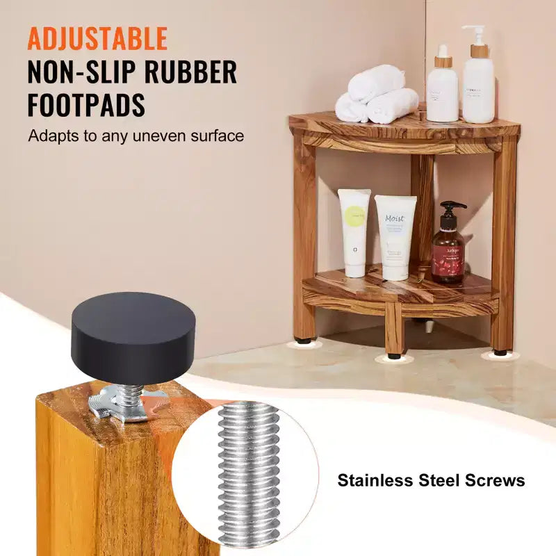 Banc de douche d'angle en teck de 17 po de hauteur, rayon de 12 po, banc de douche d'angle 100 % bois de teck de 136 kg avec étagère de rangement, tabouret de douche marron