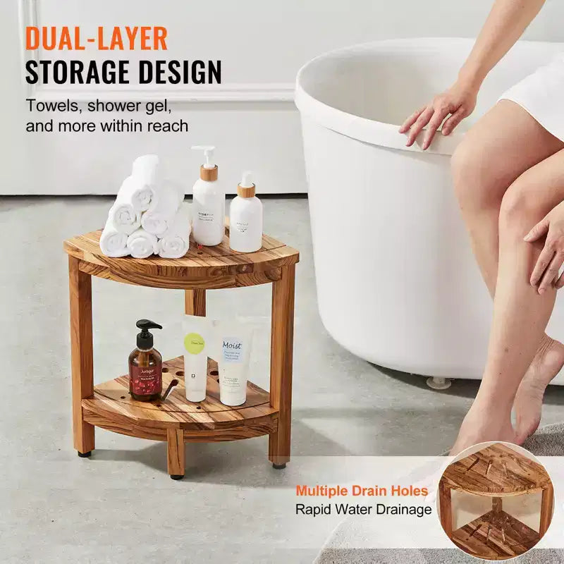 Banc de douche d'angle en teck de 17 po de hauteur, rayon de 12 po, banc de douche d'angle 100 % bois de teck de 136 kg avec étagère de rangement, tabouret de douche marron