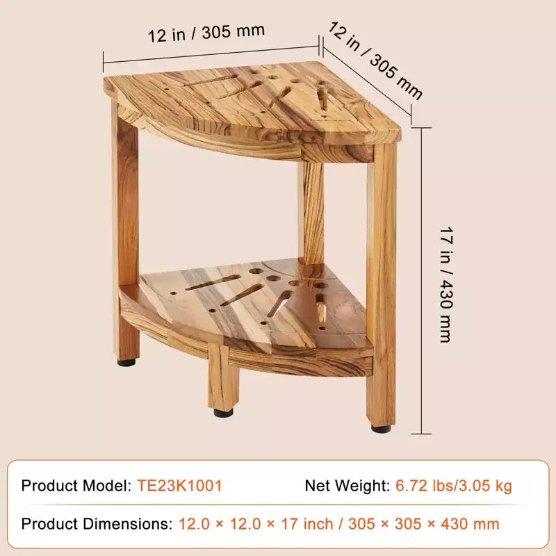Banc de douche d'angle en teck de 17 po de hauteur, rayon de 12 po, banc de douche d'angle 100 % bois de teck de 136 kg avec étagère de rangement, tabouret de douche marron