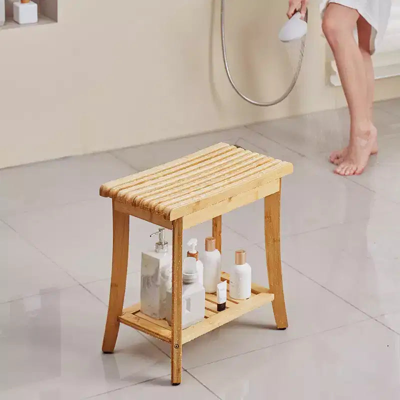 Banc de douche en bambou 48,5 x 28,7 x 46,5 cm, tabouret de douche étanche avec étagère de rangement, capacité de charge de 150 kg, bambou naturel