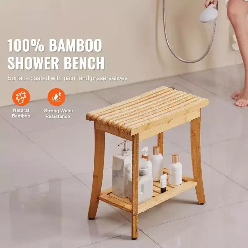 Banc de douche en bambou 48,5 x 28,7 x 46,5 cm, tabouret de douche étanche avec étagère de rangement, capacité de charge de 150 kg, bambou naturel