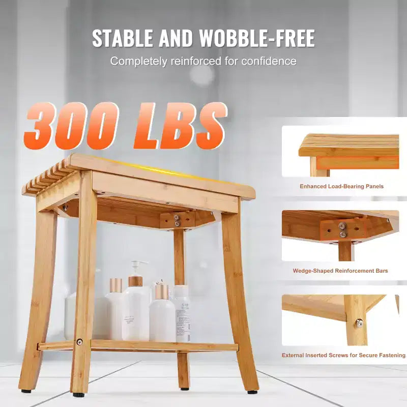 Banc de douche en bambou 48,5 x 28,7 x 46,5 cm, tabouret de douche étanche avec étagère de rangement, capacité de charge de 150 kg, bambou naturel