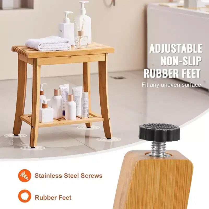 Banc de douche en bambou 48,5 x 28,7 x 46,5 cm, tabouret de douche étanche avec étagère de rangement, capacité de charge de 150 kg, bambou naturel
