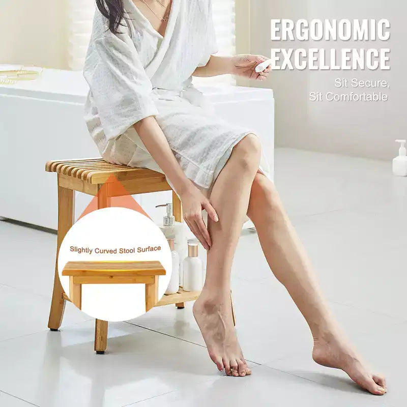 Banc de douche en bambou 48,5 x 28,7 x 46,5 cm, tabouret de douche étanche avec étagère de rangement, capacité de charge de 150 kg, bambou naturel