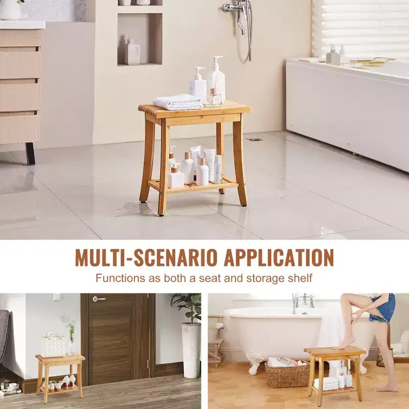 Banc de douche en bambou 48,5 x 28,7 x 46,5 cm, tabouret de douche étanche avec étagère de rangement, capacité de charge de 150 kg, bambou naturel