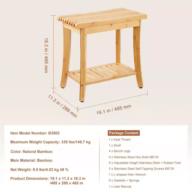 Banc de douche en bambou 48,5 x 28,7 x 46,5 cm, tabouret de douche étanche avec étagère de rangement, capacité de charge de 150 kg, bambou naturel