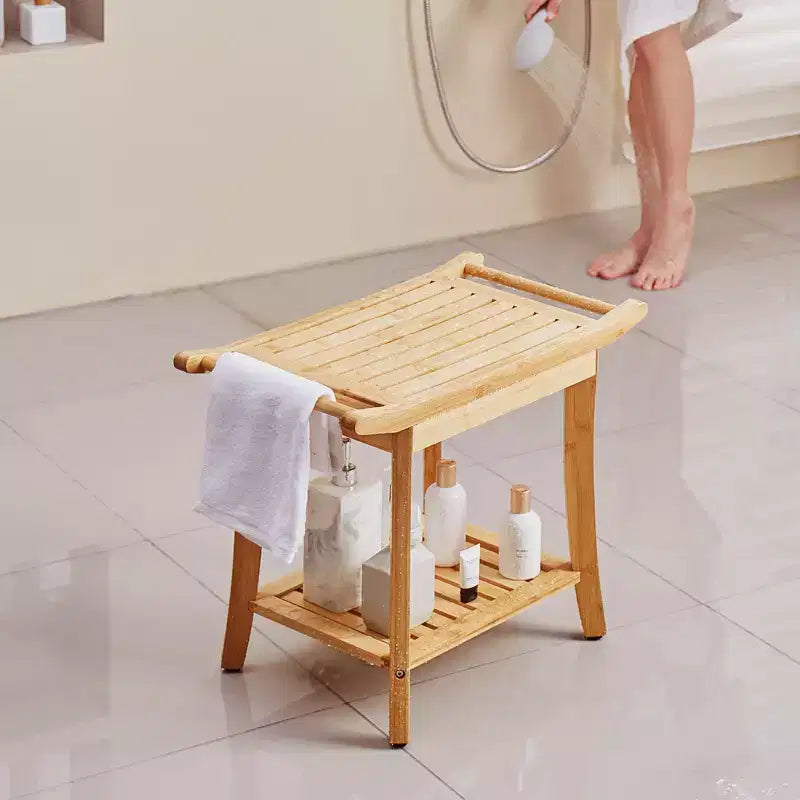 Banc de douche en bambou 61 x 35 x 48 cm, tabouret de douche étanche avec étagère de rangement, poignée, capacité de charge 136 kg, bambou naturel