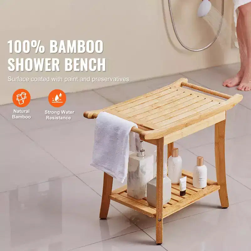 Banc de douche en bambou 61 x 35 x 48 cm, tabouret de douche étanche avec étagère de rangement, poignée, capacité de charge 136 kg, bambou naturel