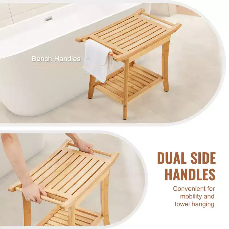 Banc de douche en bambou 61 x 35 x 48 cm, tabouret de douche étanche avec étagère de rangement, poignée, capacité de charge 136 kg, bambou naturel
