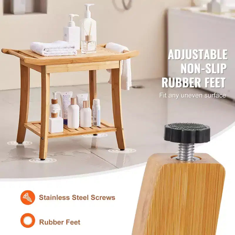Banc de douche en bambou 61 x 35 x 48 cm, tabouret de douche étanche avec étagère de rangement, poignée, capacité de charge 136 kg, bambou naturel
