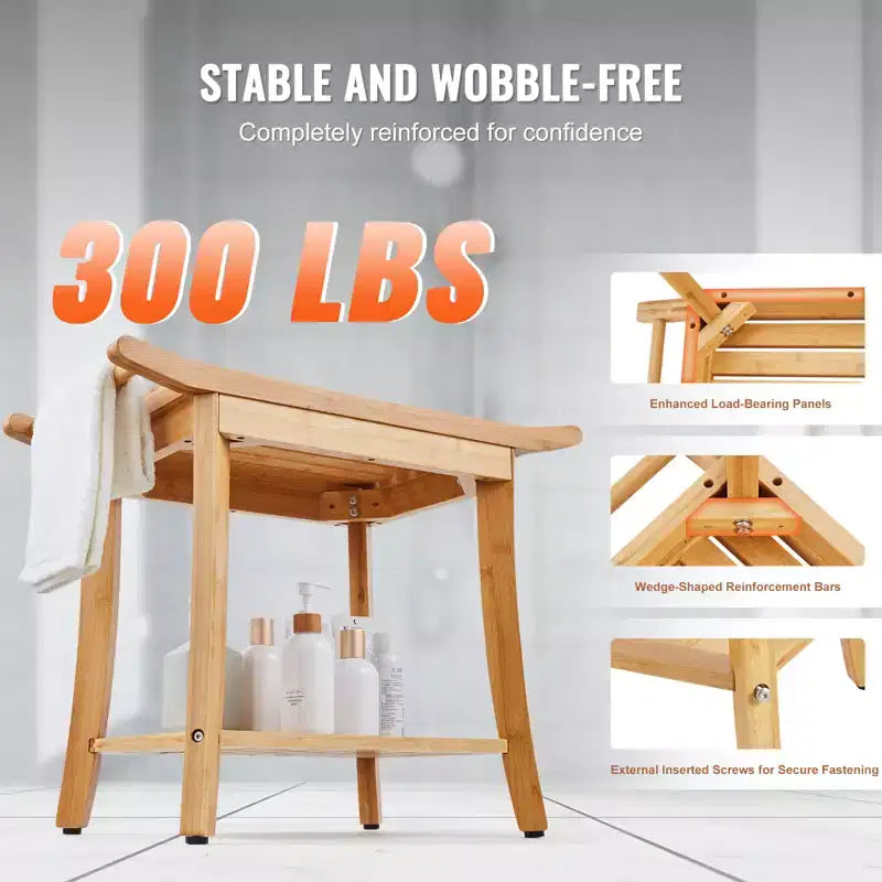 Banc de douche en bambou 61 x 35 x 48 cm, tabouret de douche étanche avec étagère de rangement, poignée, capacité de charge 136 kg, bambou naturel