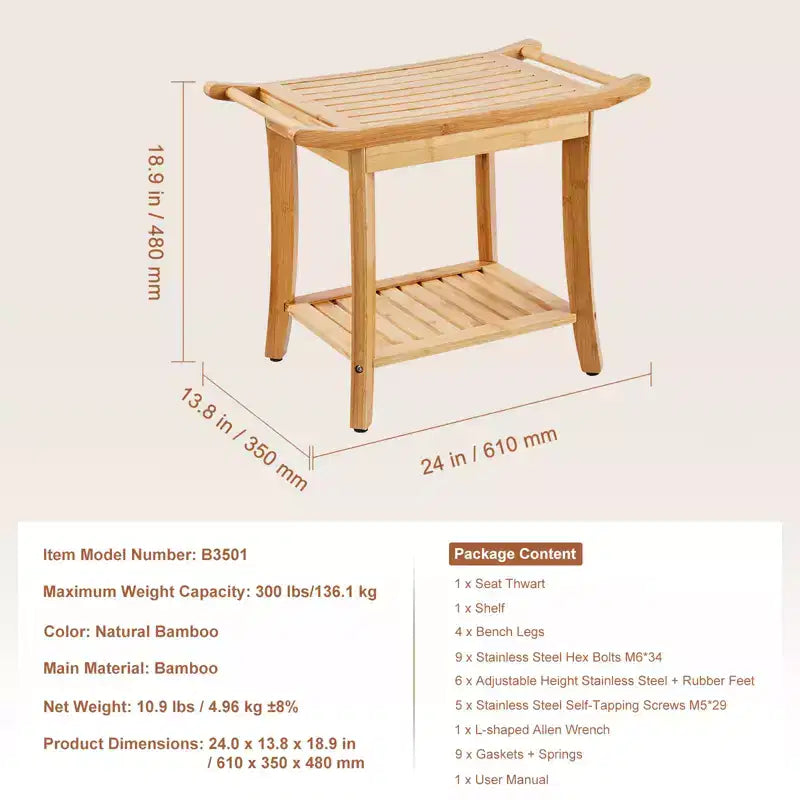 Banc de douche en bambou 61 x 35 x 48 cm, tabouret de douche étanche avec étagère de rangement, poignée, capacité de charge 136 kg, bambou naturel