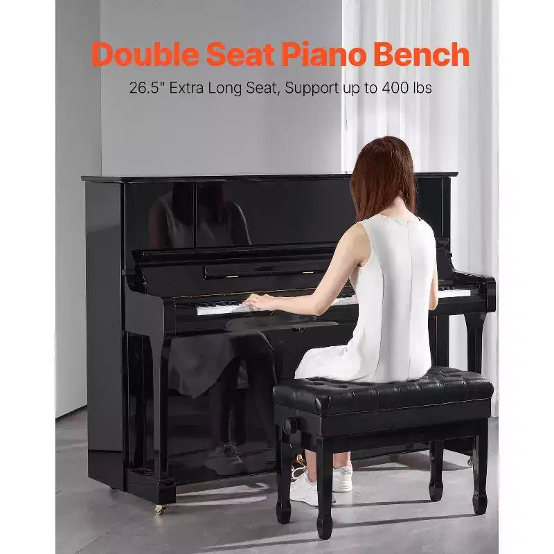 Banc de piano 29,5 x 14 x 20,3 Pouces, Chaise de piano double avec hauteur réglable de 20,3 à 23,4 Pouces, coussin rembourré et compartiment de rangement, Noir